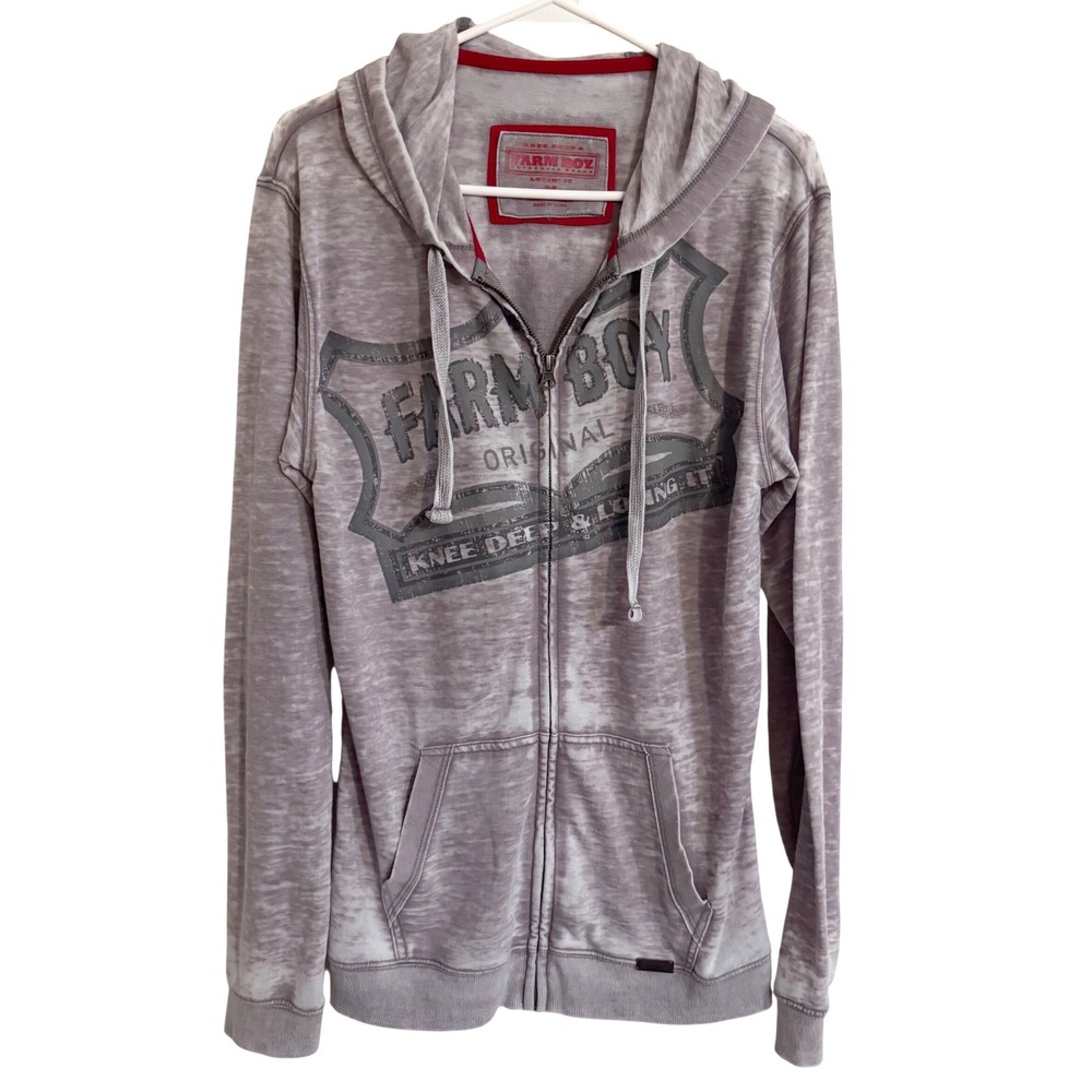 FarmBoy Authentic Brand Graphic Zip Hoodie Gray Lavender Burnout Wash Size M